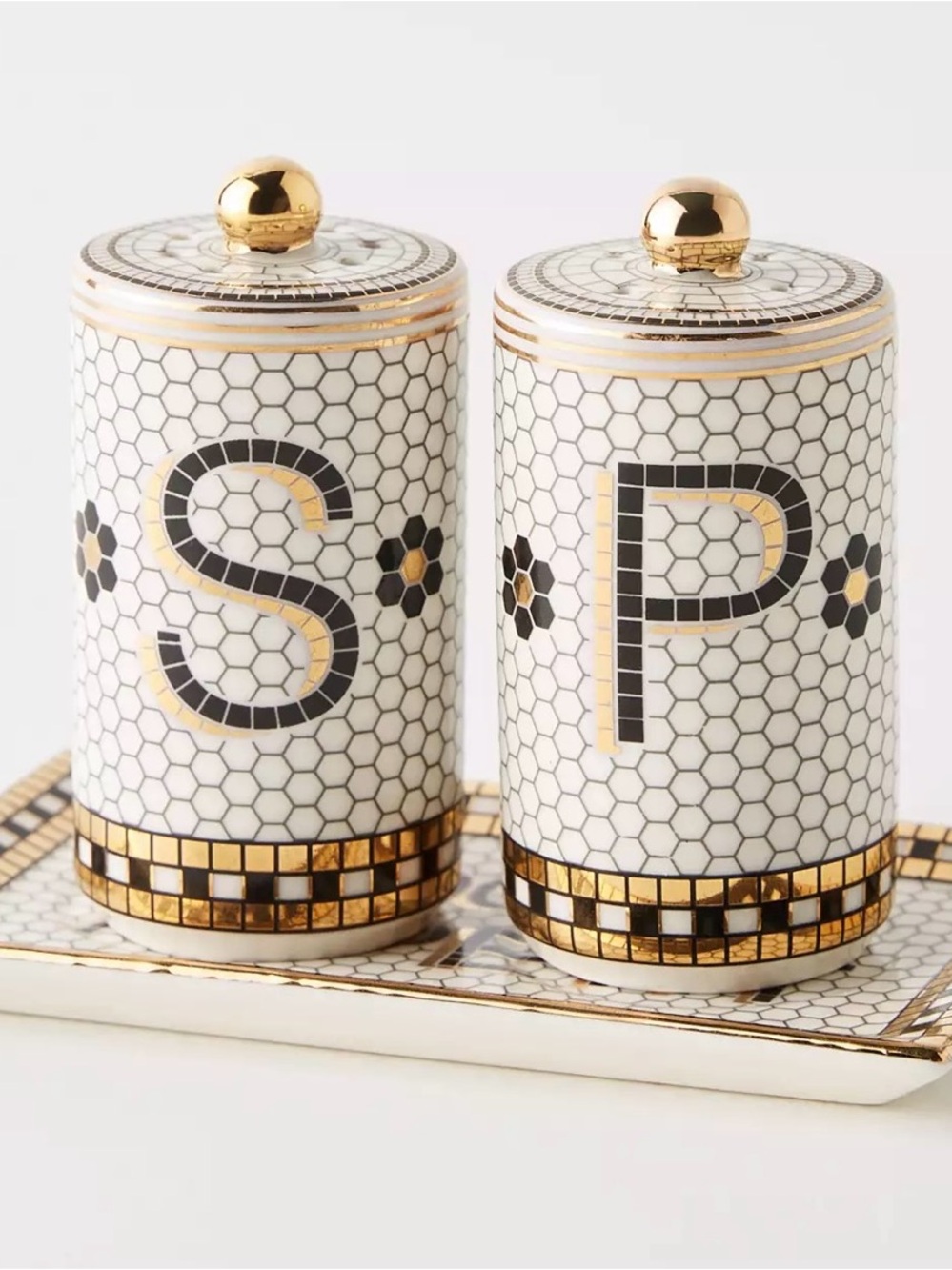 Anthropologie White, Black & Gold Mosaic Salt and Pepper Shakers with Tray